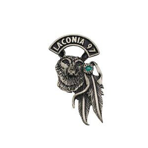 Laconia 1997 Southwestern Wolf Feather Biker Pin With Turquoise Accent